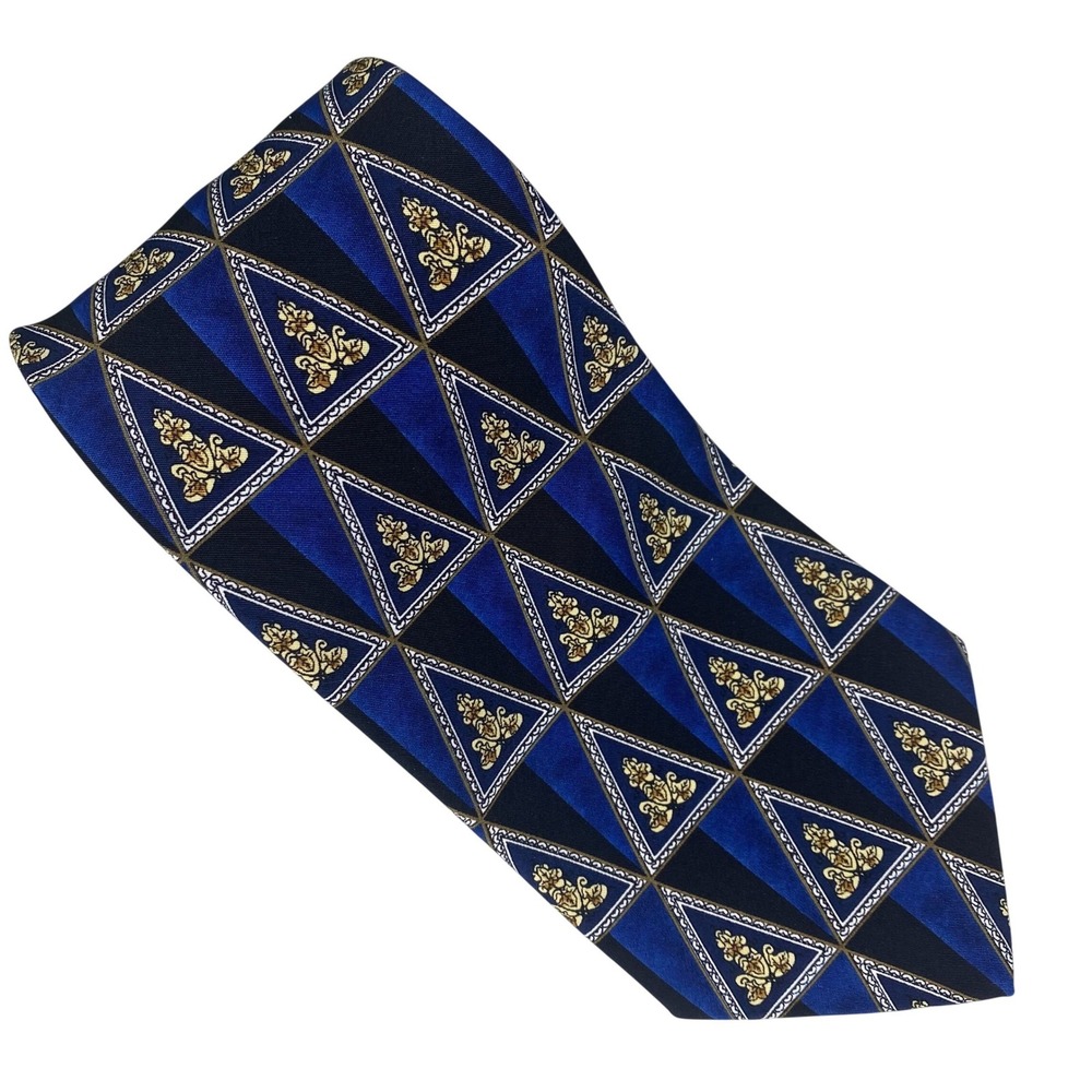 VTG Towncraft Necktie Mens Blue Black Geometric Crest Professional 57x4